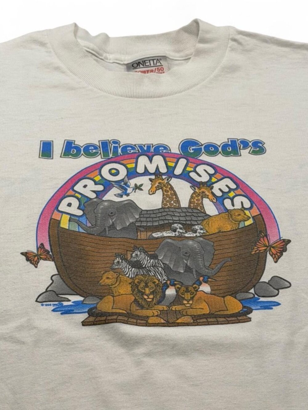 Vintage 90s Oneita Noah's Ark Christian Jesus Graphic Tee Medium Single Stitch